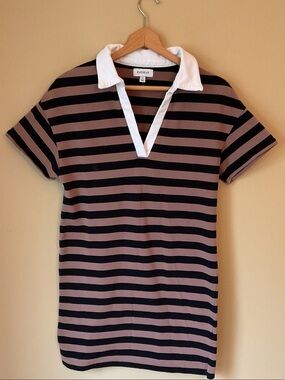 Evereve Black and Brown Striped Polo Mini Dress  Size S